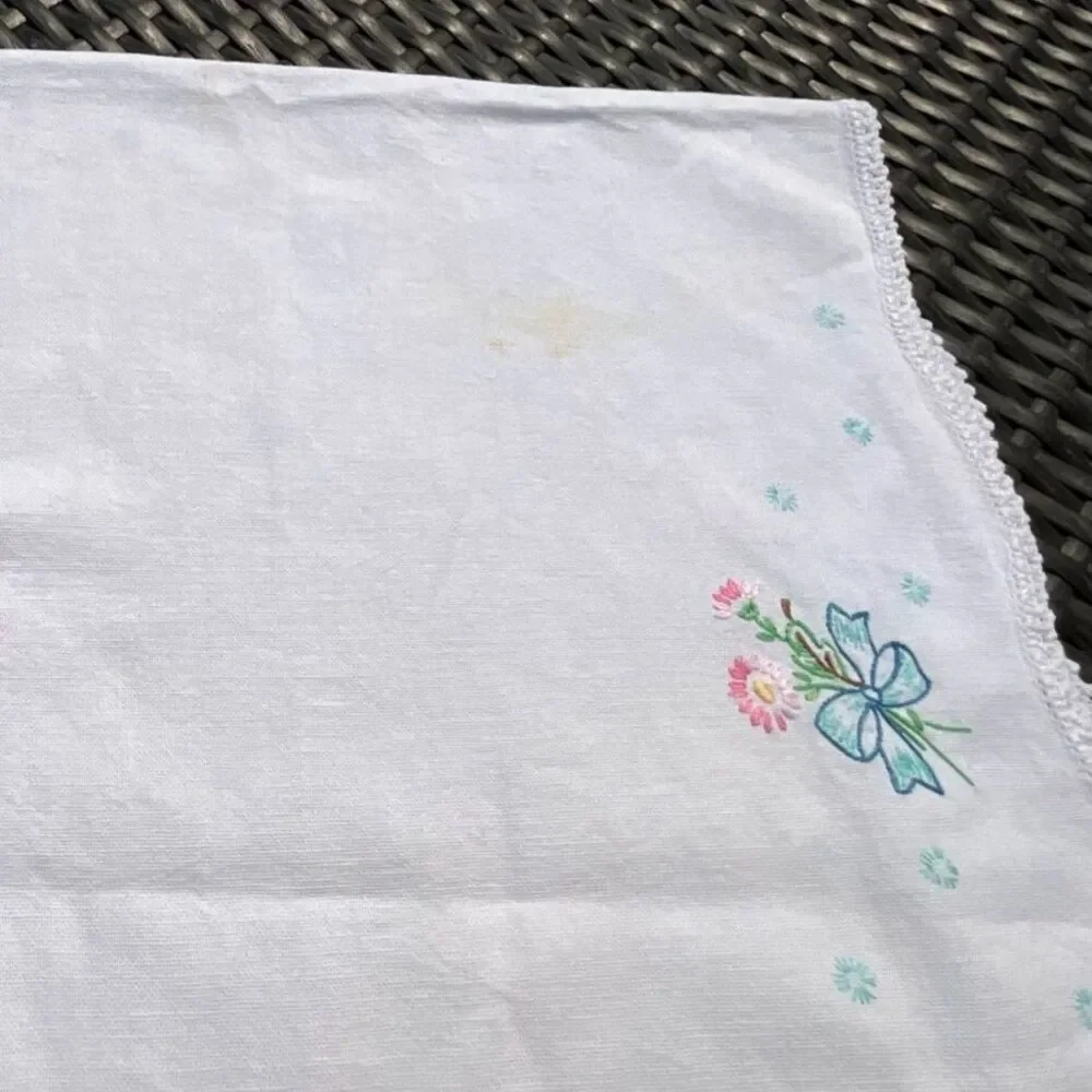 Vintage Hand Embroidered Dresser Scarf Blue Bows Floral Crochet Edge Cottagecore